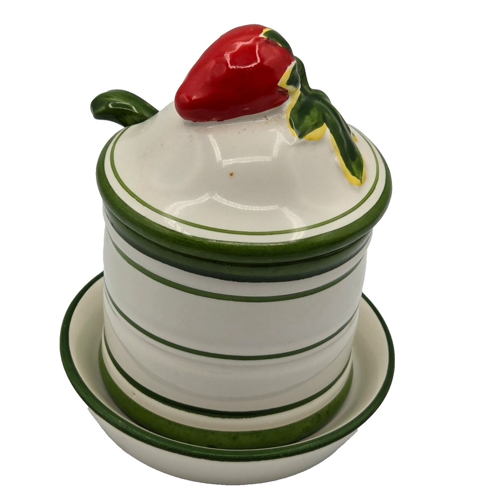 Lord and Taylor Ceramic Strawberry Top‎ Condiment Jar with Spoon and Plate